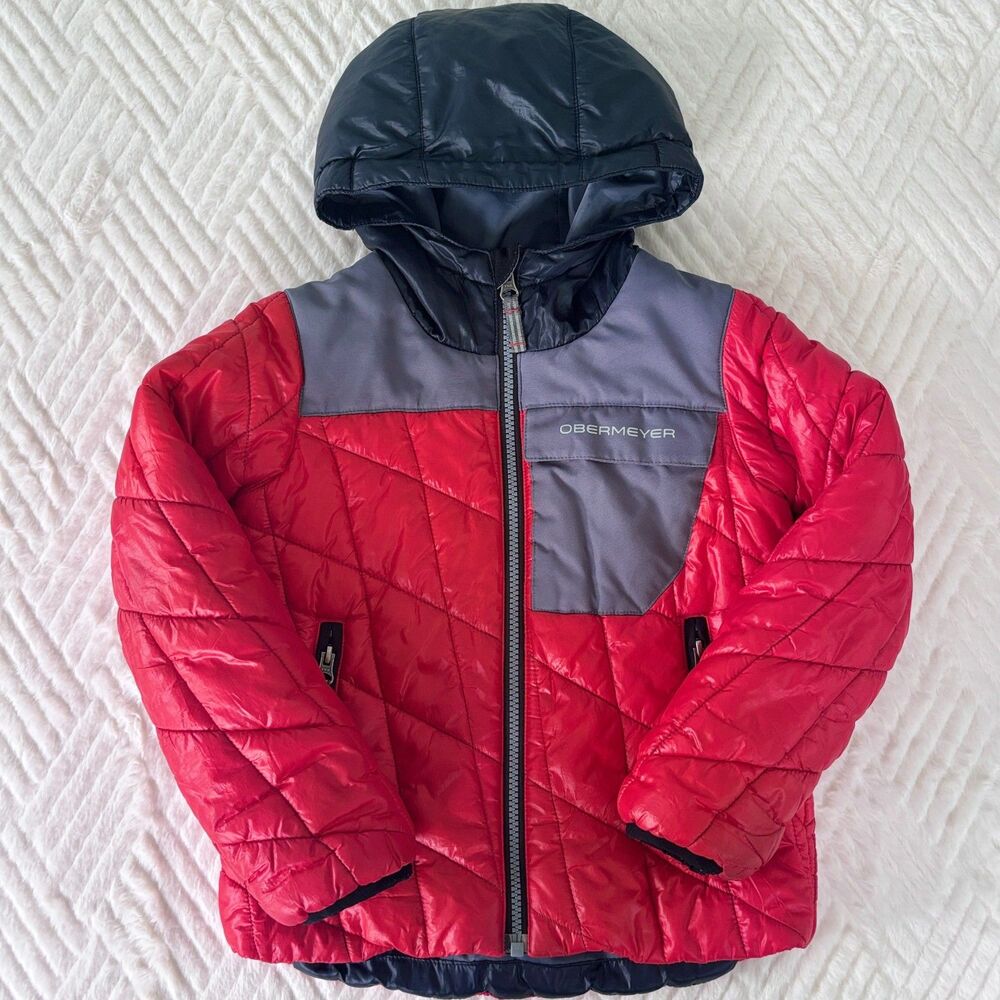 Obermeyer Boys Size 3 Wildcat Red Gray Hooded Insulated Ski Jacket Winter Coat